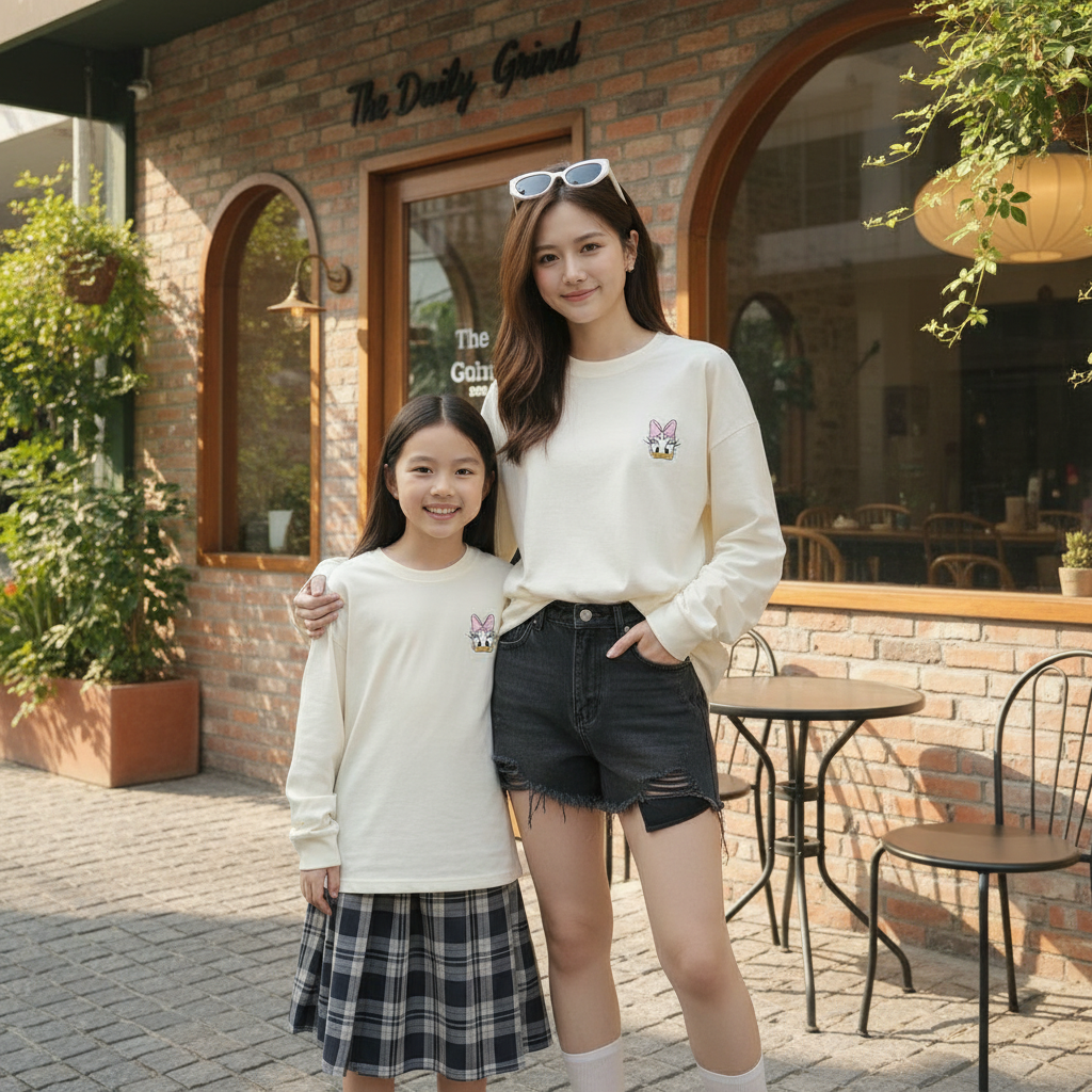 Fit garments on model. Cho 2 người đứng ở 1 quán cà phê khác tương tự. Natural lighting. Photorealis...