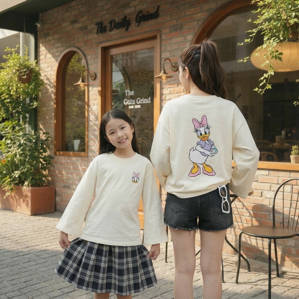 Fit garments on model. Cho 2 người tạ dáng kiểu khác, tay áo rộng (ko bo tay áo), ng mẹ xoay lưng lạ...