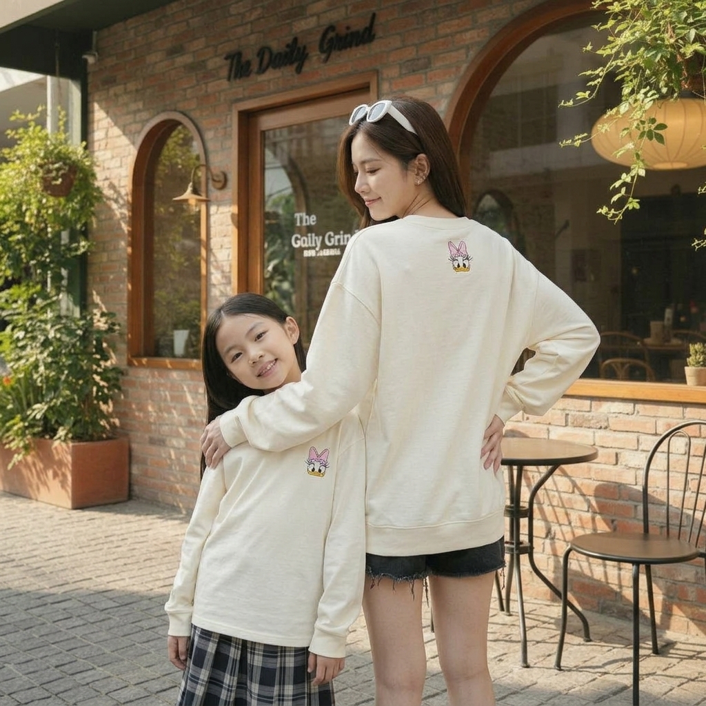 Fit garments on model. Cho 2 người tạ dáng kiểu khác, tay áo rộng (ko bo tay áo), ng mẹ xoay lưng lạ...