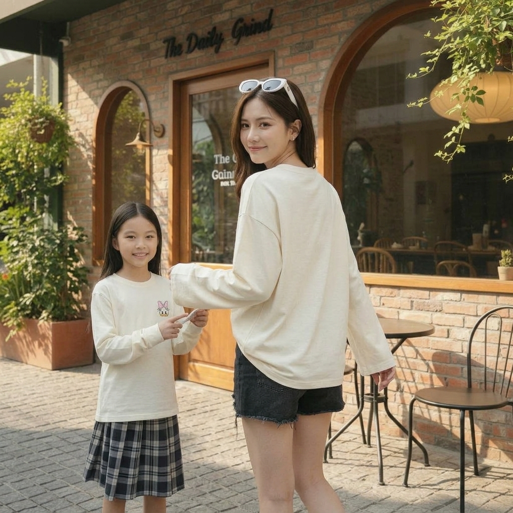 Fit garments on model. Cho 2 người tạ dáng kiểu khác, tay áo rộng (ko bo tay áo), ng mẹ xoay lưng lạ...