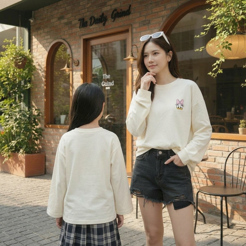 Fit garments on model. Cho 2 người tạ dáng kiểu khác, tay áo rộng (ko bo tay áo), ng con xoay lưng l...